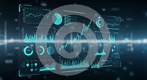 Digital dashboard featuring various data visualization elements, such as line graphs,