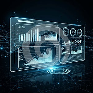 Digital dashboard featuring various data visualizations against a dark