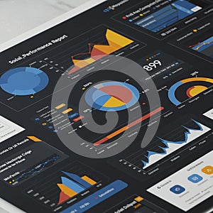 A digital dashboard featuring various data visualizations on a dark background.