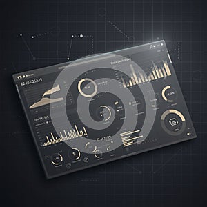 Digital dashboard featuring various data visualizations, including bar graphs, line