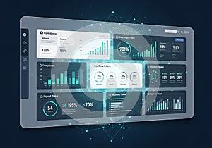 A digital dashboard with a futuristic design featuring various data