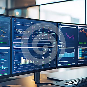 A digital dashboard with graphs, charts, and KPIs displayed on multiple monitors.