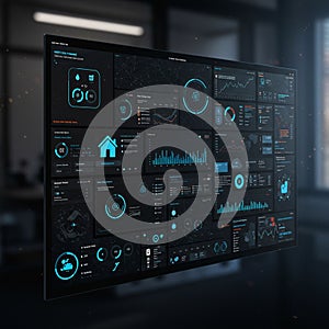 A digital dashboard interface with a dark theme displays multiple data visualizations