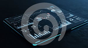 A digital dashboard interface displayed on a sleek, black tablet. The interface features