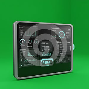 A digital dashboard interface displayed on a tablet screen against a vibrant green