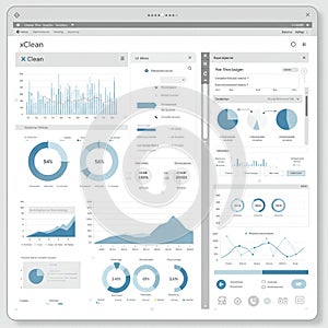 Digital dashboard interface displaying various analytical charts and graphs. Features