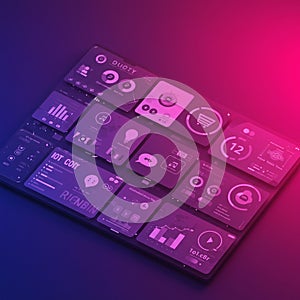 A digital dashboard interface displaying various data visualizations and icons in a