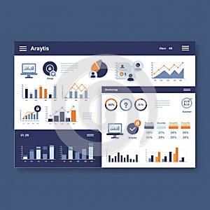 Digital dashboard interface displaying various graphs, charts, and infographics.