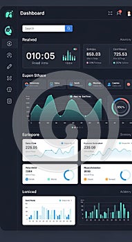 A digital dashboard interface displaying various widgets and graphs. The layout