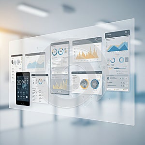 Digital dashboard interface featuring multiple data analysis panels and charts,