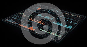 Digital dashboard interface featuring various data visualizations, including bar graphs,