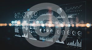 Digital dashboard interface featuring various data visualizations on a transparent