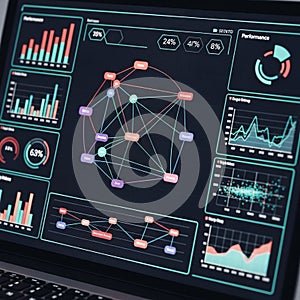 Digital dashboard interface on a laptop displaying various data visualizations