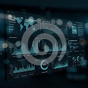 Digital dashboard interface with multiple data visualizations. A global map with user