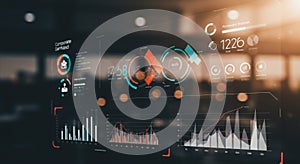 Digital dashboard interface with various data visualization elements in a corporate