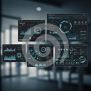Digital dashboard interfaces displaying various data visualizations, including charts,
