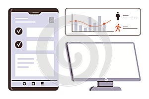 Digital Dashboard with Mobile App Interface and Analytics on Desktop Screen