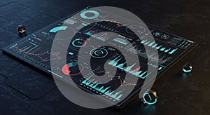 A digital dashboard with multiple charts and graphs on a sleek, illuminated display.