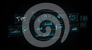 Digital dashboard with multiple high-tech interfaces displaying data in a futuristic