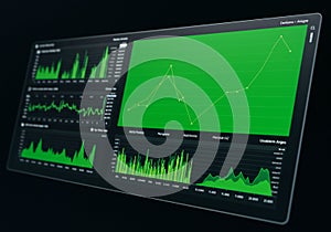 Digital dashboard on a screen displaying multiple data graphs and charts with a green