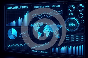 Data analytics and business intelligence dashboard with world map and KPI percentage charts