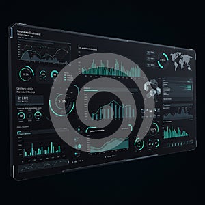 Digital dashboard with a sleek, black background featuring various graphs and chart