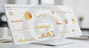 Digital dashboard with various data visualizations displayed on a screen. The