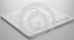 Digital dashboard with various data visualizations on a sleek, white platform. Features