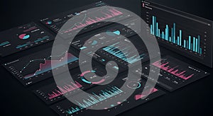 Digital dashboards displaying various data visualizations, including bar graphs, line