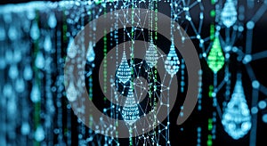 Digital Data Abstract Binary Code Drops and Network Connections