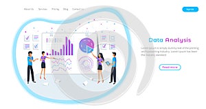 Digital data analysis banner. Big data analysis, analytics and visualization. Business team studying infographic