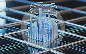 Digital data analysis bar graph displaying binary information on a tech grid