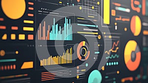 Digital data analysis dashboard displaying multiple charts and graphs