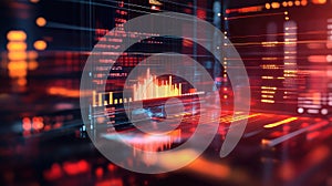 Digital data analysis displaying financial trading information on abstract interface