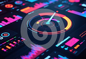 Digital data analysis interface with colorful graphs and gauges on a screen