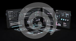 Futuristic VR AR Interface with Data Dashboards and Headset