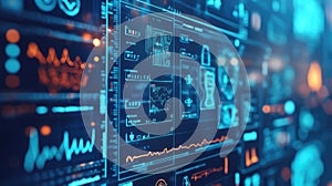 Digital data analyzing with futuristic user interface and graphs