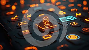 Digital data analyzing interface with glowing orange elements