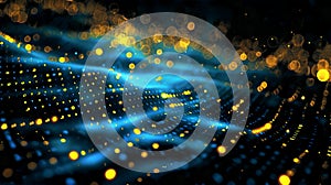 Digital data and binary code background with blue, yellow lights