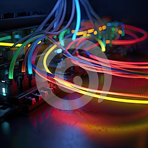 Digital data cable connection. Desktop, server, cyberpunk concept. Colorful neon colors plastic wires connected to photo