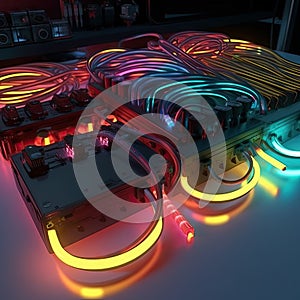 Digital data cable connection. Desktop, server, cyberpunk concept. Colorful neon plastic wires connected to computer photo
