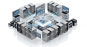 Data Center Cloud Computing Server Rack Network Connectivity and Processing Illustration with Blue Light Effects on a