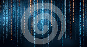 Digital Data Code Stream in Blue and Orange with Binary Numbers and Matrix Effect