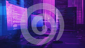 Digital data coding on glowing computer monitors displaying programming source code