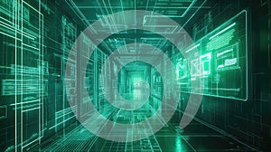 Digital data corridor with glowing screen interfaces