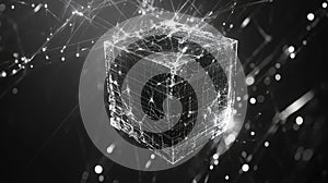 Digital data cube connecting network lines and glowing particles