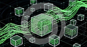 Digital Data Cubes Flowing with Binary Code in Futuristic Network