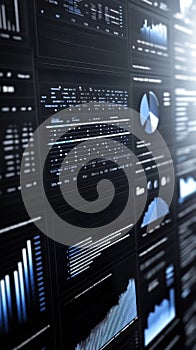 Digital data dashboard displaying charts and graphs in a sleek, modern interface, AI