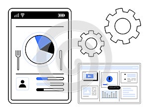 Digital Data Dashboard with Pie Chart and Gear Icons for Analytics and Workflow Optimization