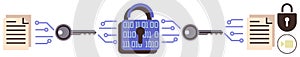 Digital Data Encryption Process with Lock, Key, and Documents